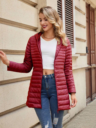 Damen Daunenjacke Mit Kapuze In Schlanker Langform | Übergangs