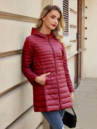 Damen Daunenjacke Mit Kapuze In Schlanker Langform | Übergangs