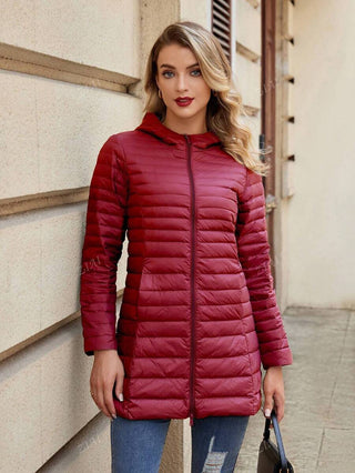 Damen Daunenjacke Mit Kapuze In Schlanker Langform | Übergangs