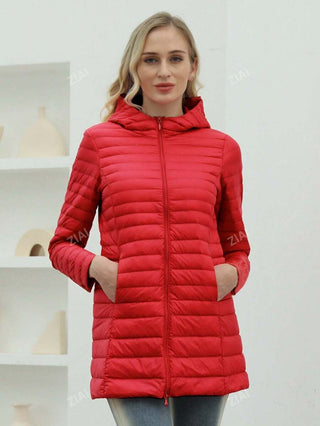 Damen Daunenjacke Mit Kapuze In Schlanker Langform | Übergangs