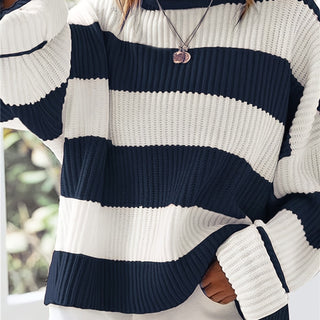 Damen Gestreift Oversize Pullover Mit Strick & Weitarm
