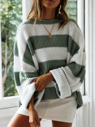 Damen Gestreift Oversize Pullover Mit Strick & Weitarm