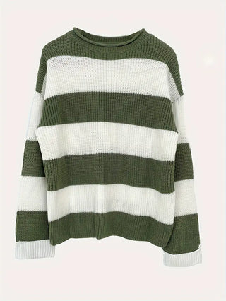 Damen Gestreift Oversize Pullover Mit Strick & Weitarm