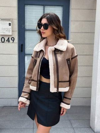 Damen Herbstjacke Im Aviator-Stil Mit Fellkragen | Teddy