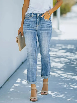 Damen Jeans Gerade Hoher Bund Umschlag-Saum | Locker