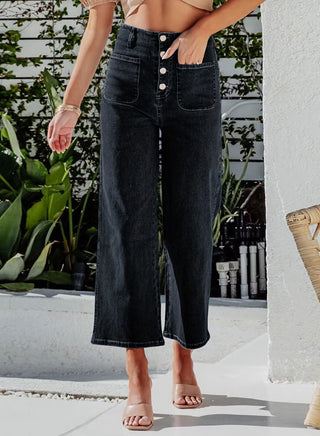 Damen Jeans Hoher Bund Gekürztes Weites Bein