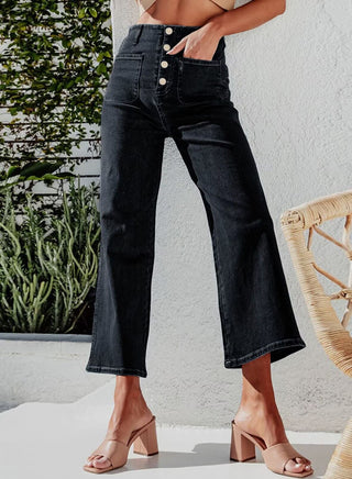 Damen Jeans Hoher Bund Gekürztes Weites Bein