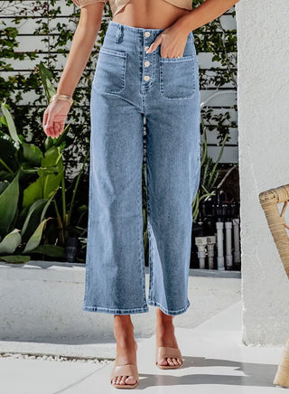 Damen Jeans Hoher Bund Gekürztes Weites Bein