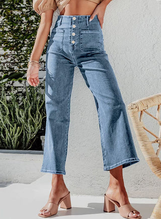 Damen Jeans Hoher Bund Gekürztes Weites Bein