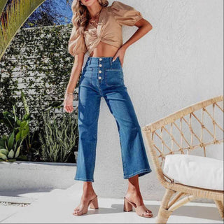 Damen Jeans Hoher Bund Gekürztes Weites Bein