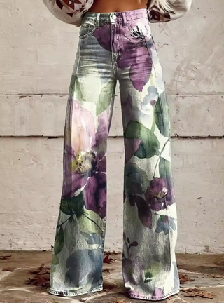 Damen Jeans Mit Floralem Druck Und Weitem Bein | Locker