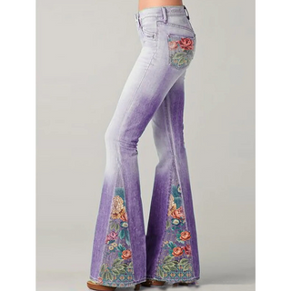 Damen Jeans Mit Schlag Und Floraler Stickerei | Slim Fit