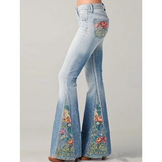 Damen Jeans Mit Schlag Und Floraler Stickerei | Slim Fit