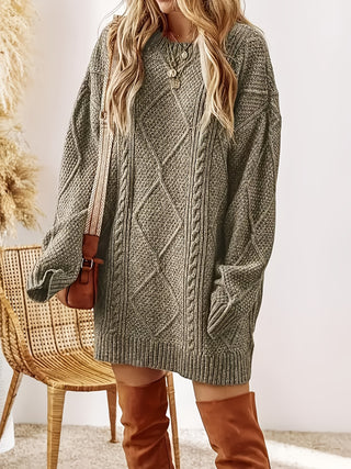Damen Olive Oversize Pullover Mit Zopfmuster & Rundhals