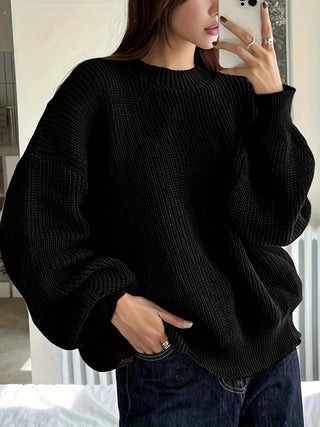 Damen Oversize Pullover Rippstrick Mit Rundhals & Langarm