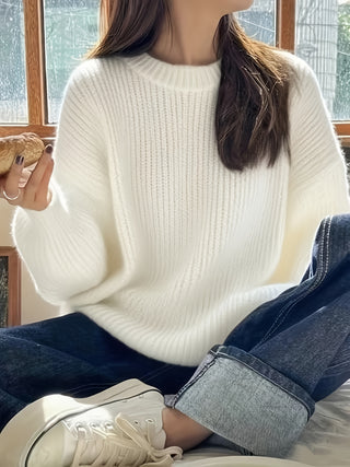 Damen Oversize Pullover Rippstrick Mit Rundhals & Langarm