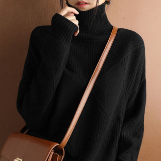 Damen Rollkragenpullover Mit Diagonalem Strickmuster | Lang