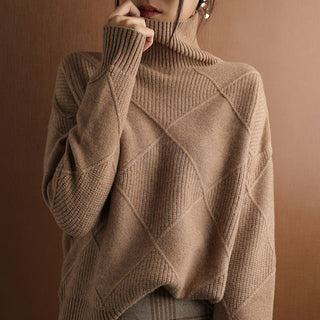 Damen Rollkragenpullover Mit Diagonalem Strickmuster | Lang