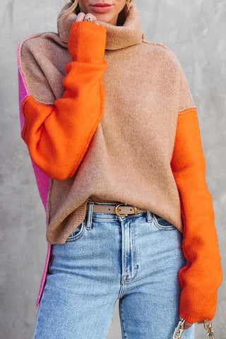 Damen Rollkragenpullover Mit Farbblock-Ärmeln | Lang