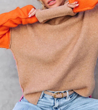 Damen Rollkragenpullover Mit Farbblock-Ärmeln | Lang