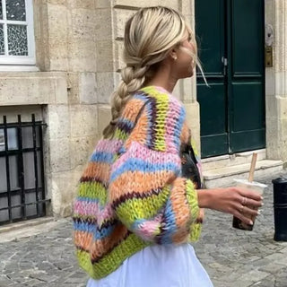 Damen Strickjacke Mit Ballonärmeln Und Bunten Streifen | Übergroß