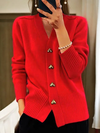 Damen Strickjacke Mit Herzknöpfen Und V-Ausschnitt | Weich
