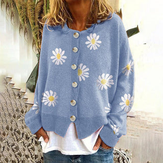 Damen Strickjacke Mit Knöpfen | Gänseblümchen-Motiv