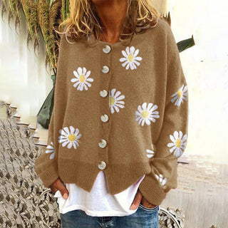 Damen Strickjacke Mit Knöpfen | Gänseblümchen-Motiv