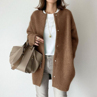 Damen Strickjacke Mit Knöpfen Rundhals | Lang