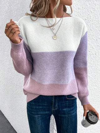 Damen Strickpullover Mit Farbblock | U-Boot-Ausschnitt