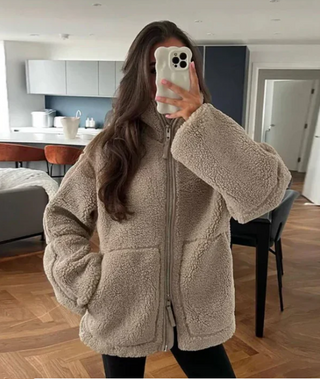 Damen Teddy Jacke mit Reißverschluss | Lässig