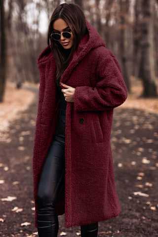 Damen Teddy Mantel mit Kapuze | Lang