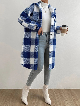 Damen Teddy Mantel mit Karomuster | Lang