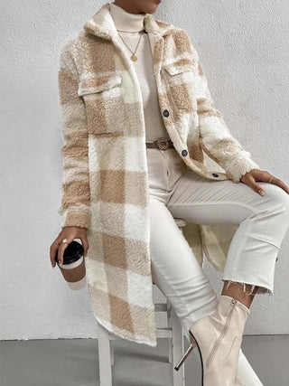 Damen Teddy Mantel mit Karomuster | Lang