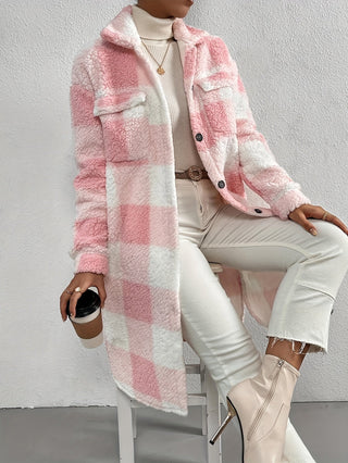 Damen Teddy Mantel mit Karomuster | Lang