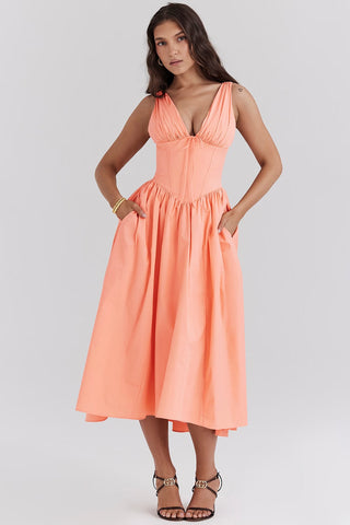 Delfina | Damen Sommer Vintage Midi Kleid mit Taschen