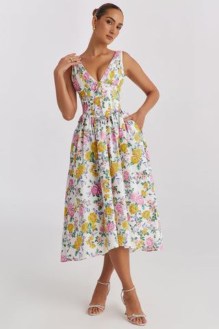Delfina | Damen Sommer Vintage Midi Kleid mit Taschen