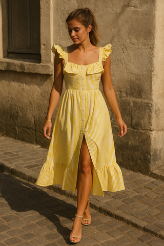 FlatterLinie Kleid | Damen Gestreiftes Rüschen Maxikleid | Elegant & Sommerlich