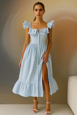 FlatterLinie Kleid | Damen Gestreiftes Rüschen Maxikleid | Elegant & Sommerlich