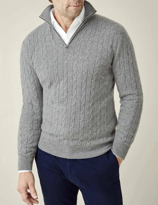 Leandro | Herren Strickpullover mit Zipper & Zopfmuster
