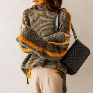 Rollkragen Damen Strickpullover Mit Kontrastnähten | Lang