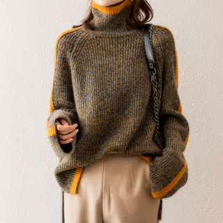 Rollkragen Damen Strickpullover Mit Kontrastnähten | Lang