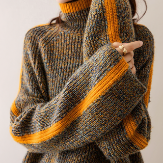 Rollkragen Damen Strickpullover Mit Kontrastnähten | Lang