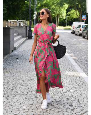 Viviana | Damen Sommer Midi Kleid mit Schlitz in Wickeloptik