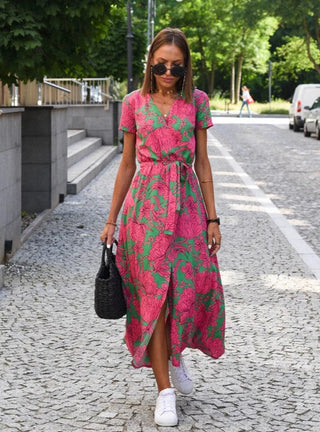 Viviana | Damen Sommer Midi Kleid mit Schlitz in Wickeloptik